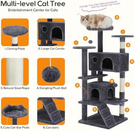 Cat Tree, 54-Inch Cat Tower for Indoor Cats with Sisal Scratching Post, Cat Play House, Large Kitty Condo, Plush Multi-Level with Climbing Ladder