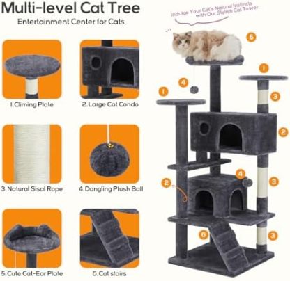 Cat Tree, 54-Inch Cat Tower for Indoor Cats with Sisal Scratching Post, Cat Play House, Large Kitty Condo, Plush Multi-Level with Climbing Ladder