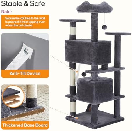 Cat Tree, 54-Inch Cat Tower for Indoor Cats with Sisal Scratching Post, Cat Play House, Large Kitty Condo, Plush Multi-Level with Climbing Ladder