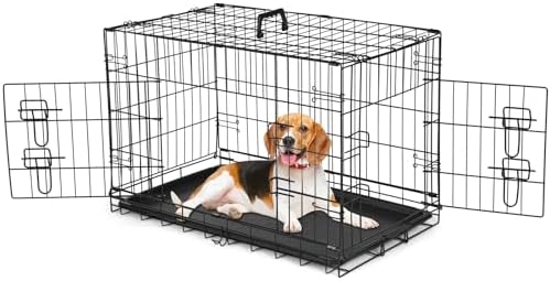 Dog Crate, 24 Inch Small Wire Kennel with Divider Panel, Metal Cages with Double Door, Leak-Proof Pan Tray, Folding Portable for Indoor Outdoor Travel