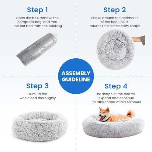 Dog Bed for Small Medium Dogs and Cats, Washable Calming Donut Pet Bed, 24-Inch Anti-Slip Round Fluffy Plush Faux Fur, Anti-Anxiety, Comfortable for Sleeping, 24"L x 24"W x 8"Th for Pets up to 25 lbs