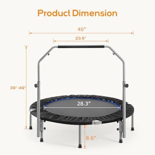 Mini Trampoline for Adults, 40"/48" Foldable Indoor Exercise Rebounder with Adjustable Bar for Home & Garden Fitness, Max Load 330lbs