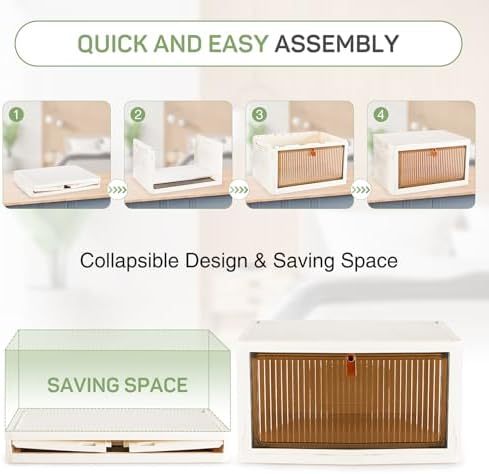 4-Tier Stackable Plastic Storage Bins with Lids, 23QT Foldable with Magnetic Doors and Lockable Wheels, Portable Collapsible Closet Organizer Boxes for Living Room, Bedroom, Dorm, Home Office