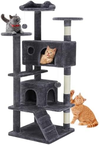 Cat Tree, 54-Inch Cat Tower for Indoor Cats with Sisal Scratching Post, Cat Play House, Large Kitty Condo, Plush Multi-Level with Climbing Ladder