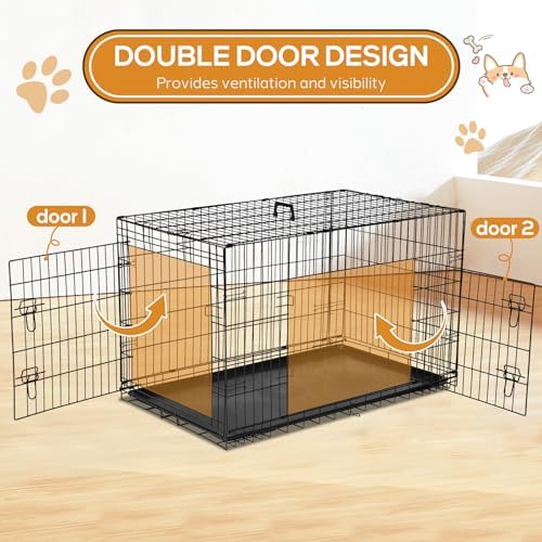 Dog Crate, 24 Inch Small Wire Kennel with Divider Panel, Metal Cages with Double Door, Leak-Proof Pan Tray, Folding Portable for Indoor Outdoor Travel