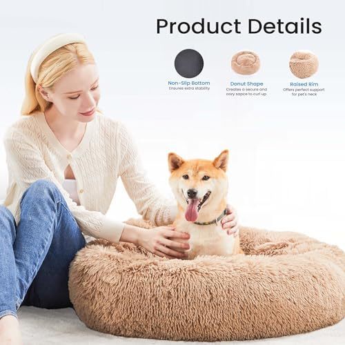 Dog Bed for Small Medium Dogs and Cats, Washable Calming Donut Pet Bed, 24-Inch Anti-Slip Round Fluffy Plush Faux Fur, Anti-Anxiety, Comfortable for Sleeping, 24"L x 24"W x 8"Th for Pets up to 25 lbs