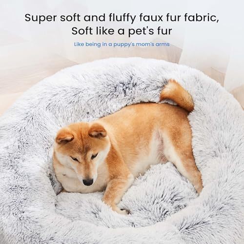 Dog Bed for Small Medium Dogs and Cats, Washable Calming Donut Pet Bed, 24-Inch Anti-Slip Round Fluffy Plush Faux Fur, Anti-Anxiety, Comfortable for Sleeping, 24"L x 24"W x 8"Th for Pets up to 25 lbs