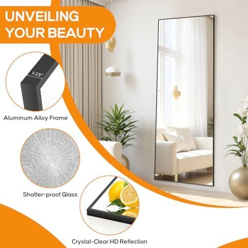 Mirror Full Length, Upgraded 16"x59" Body Wall Mirrors with Shatter-Proof Glass, Floor Standing, Hanging or Leaning, Tall Mirror with Stand Aluminum Alloy Frame for Bedroom Cloakroom