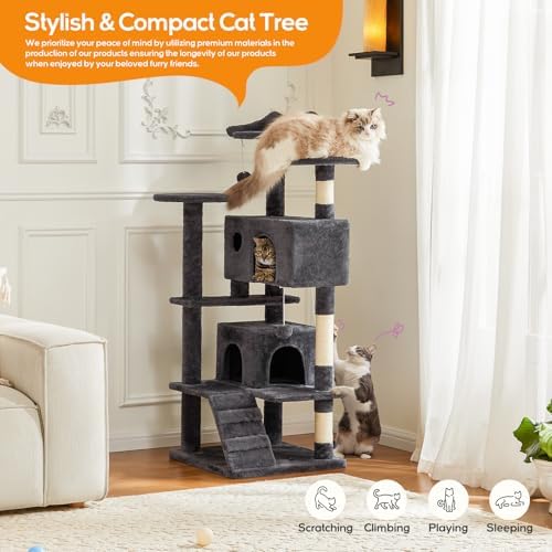 Cat Tree, 54-Inch Cat Tower for Indoor Cats with Sisal Scratching Post, Cat Play House, Large Kitty Condo, Plush Multi-Level with Climbing Ladder