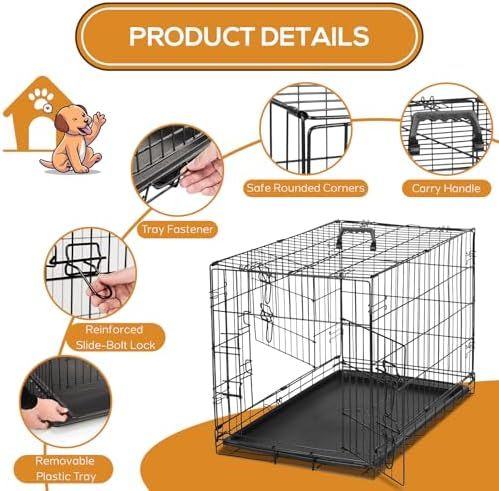 Dog Crate, 24 Inch Small Wire Kennel with Divider Panel, Metal Cages with Double Door, Leak-Proof Pan Tray, Folding Portable for Indoor Outdoor Travel