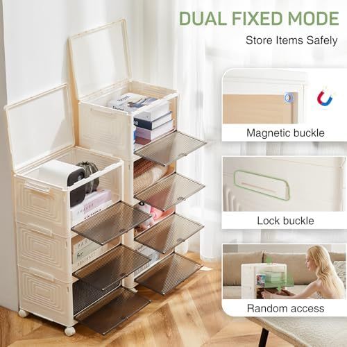 4-Tier Stackable Plastic Storage Bins with Lids, 23QT Foldable with Magnetic Doors and Lockable Wheels, Portable Collapsible Closet Organizer Boxes for Living Room, Bedroom, Dorm, Home Office