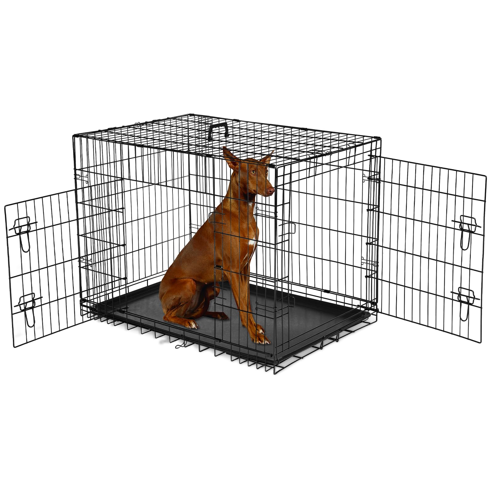 Dog Crate, 48 Inch Extra Large Wire Kennel with Divider Panel, Metal Cages with Double Door, Leak-Proof Pan Tray, Folding Portable for Indoor Outdoor Travel