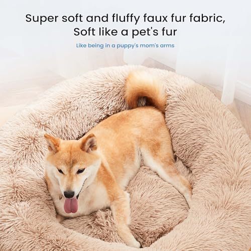Dog Bed for Small Medium Dogs and Cats, Washable Calming Donut Pet Bed, 24-Inch Anti-Slip Round Fluffy Plush Faux Fur, Anti-Anxiety, Comfortable for Sleeping, 24"L x 24"W x 8"Th for Pets up to 25 lbs