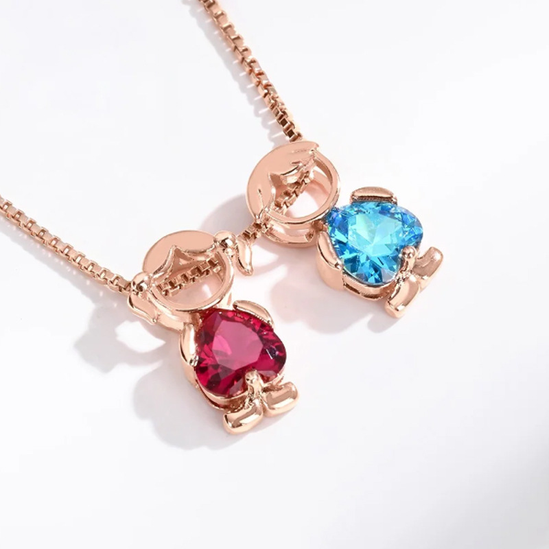 Personalized Family Birthstone Necklace - Custom Boy & Girl Charm Pendant with Heart Crystals