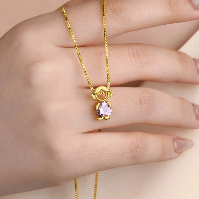 Personalized Family Birthstone Necklace - Custom Boy & Girl Charm Pendant with Heart Crystals