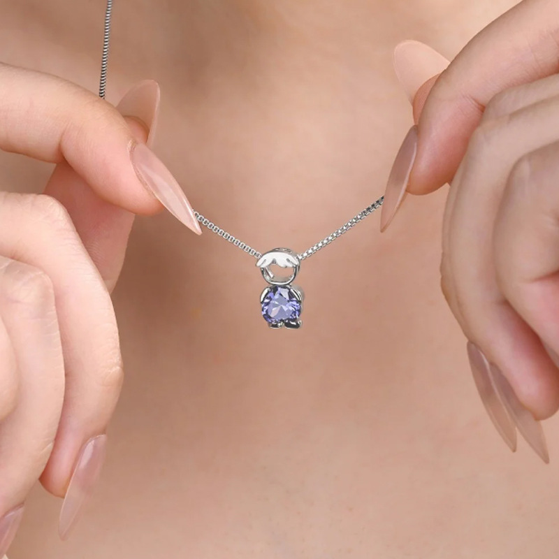 Personalized Family Birthstone Necklace - Custom Boy & Girl Charm Pendant with Heart Crystals