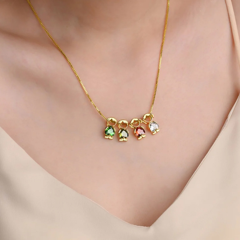 Personalized Family Birthstone Necklace - Custom Boy & Girl Charm Pendant with Heart Crystals