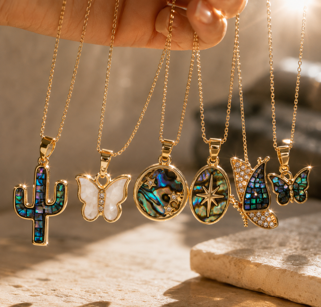 Natural Abalone Shell Gold Charm Necklace Pendant | Butterfly, Star, Cactus Ocean Jewelry Gift for Women