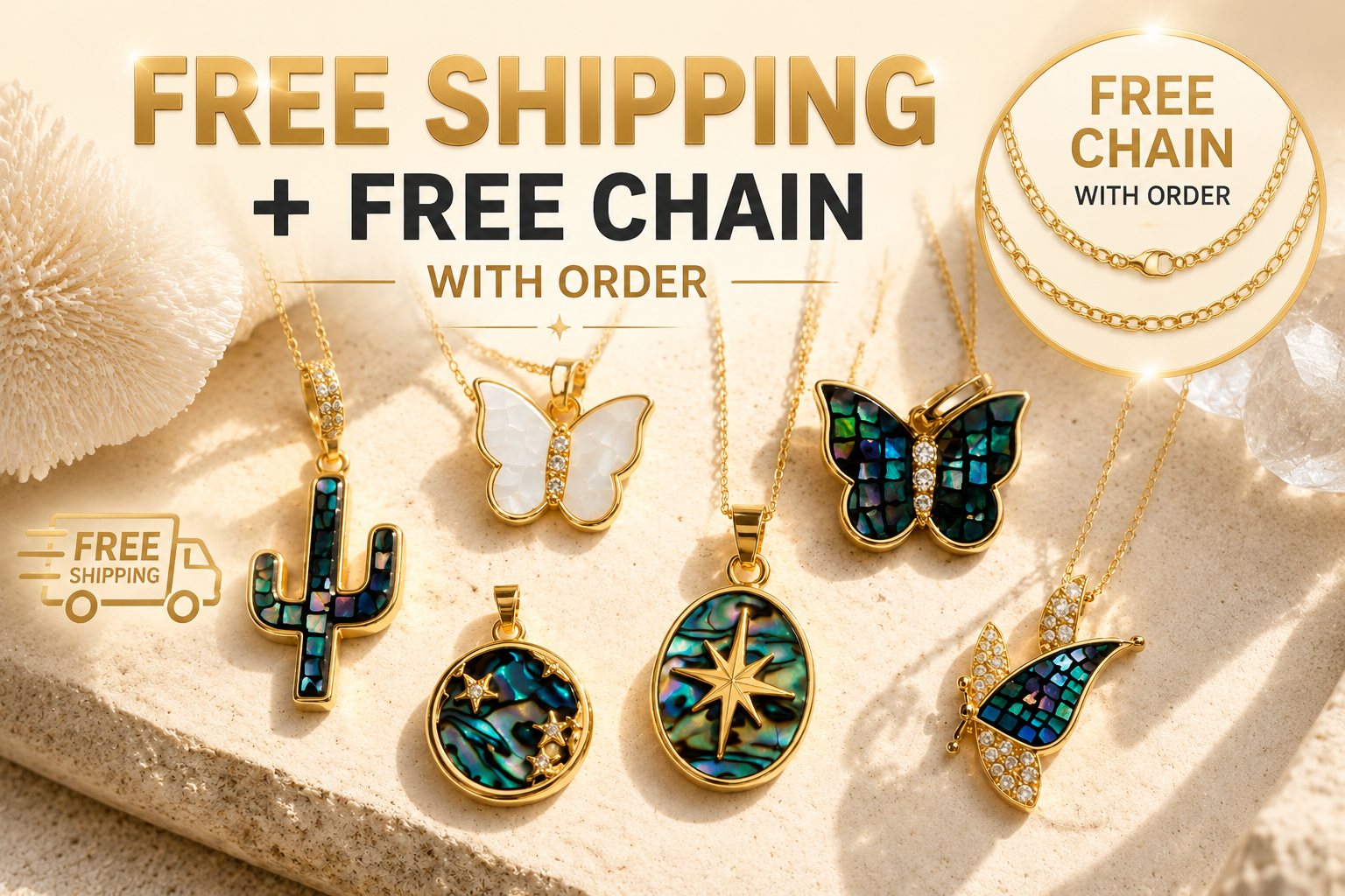 Natural Abalone Shell Gold Charm Necklace Pendant | Butterfly, Star, Cactus Ocean Jewelry Gift for Women