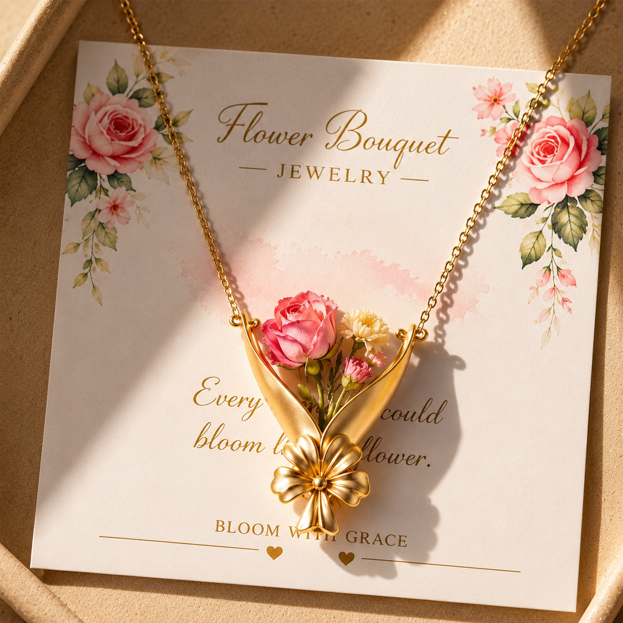 18K Gold Plated Flower Bouquet Pendant Necklace - "Bloom With Grace" Floral Jewelry Gift for Women