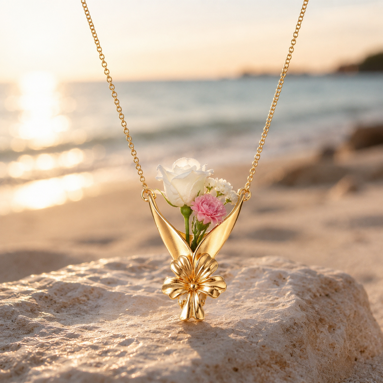 18K Gold Plated Flower Bouquet Pendant Necklace - "Bloom With Grace" Floral Jewelry Gift for Women
