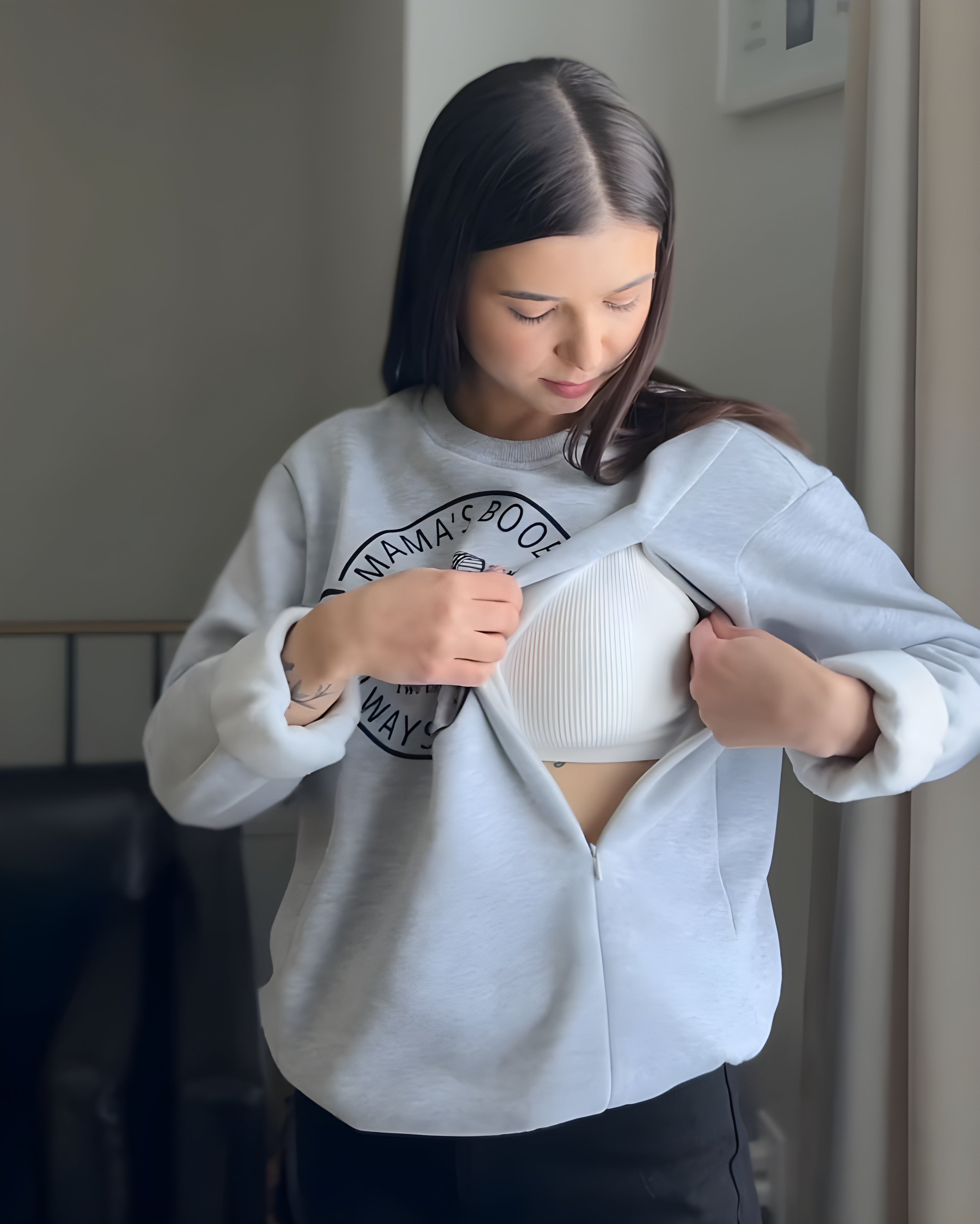 Mama's Boobery Zip Crewneck Breastfeeding Sweatshirt-LullabMommy