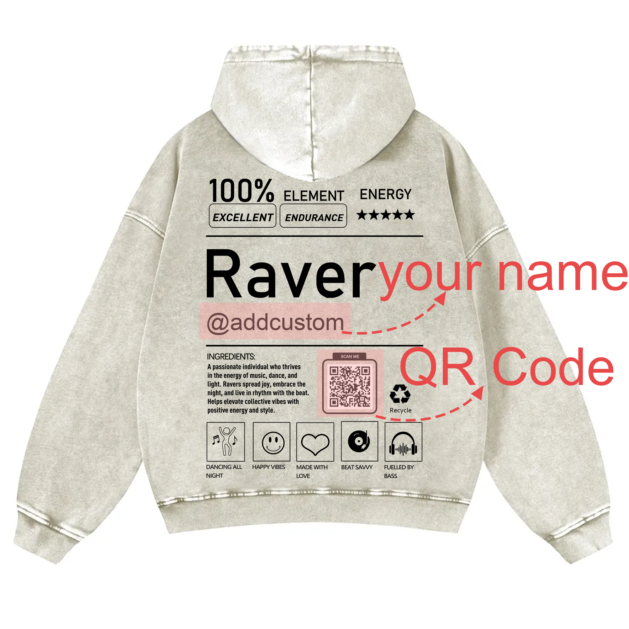 Addcustom QR Code Raver Casual Washed Hoodie wearishow