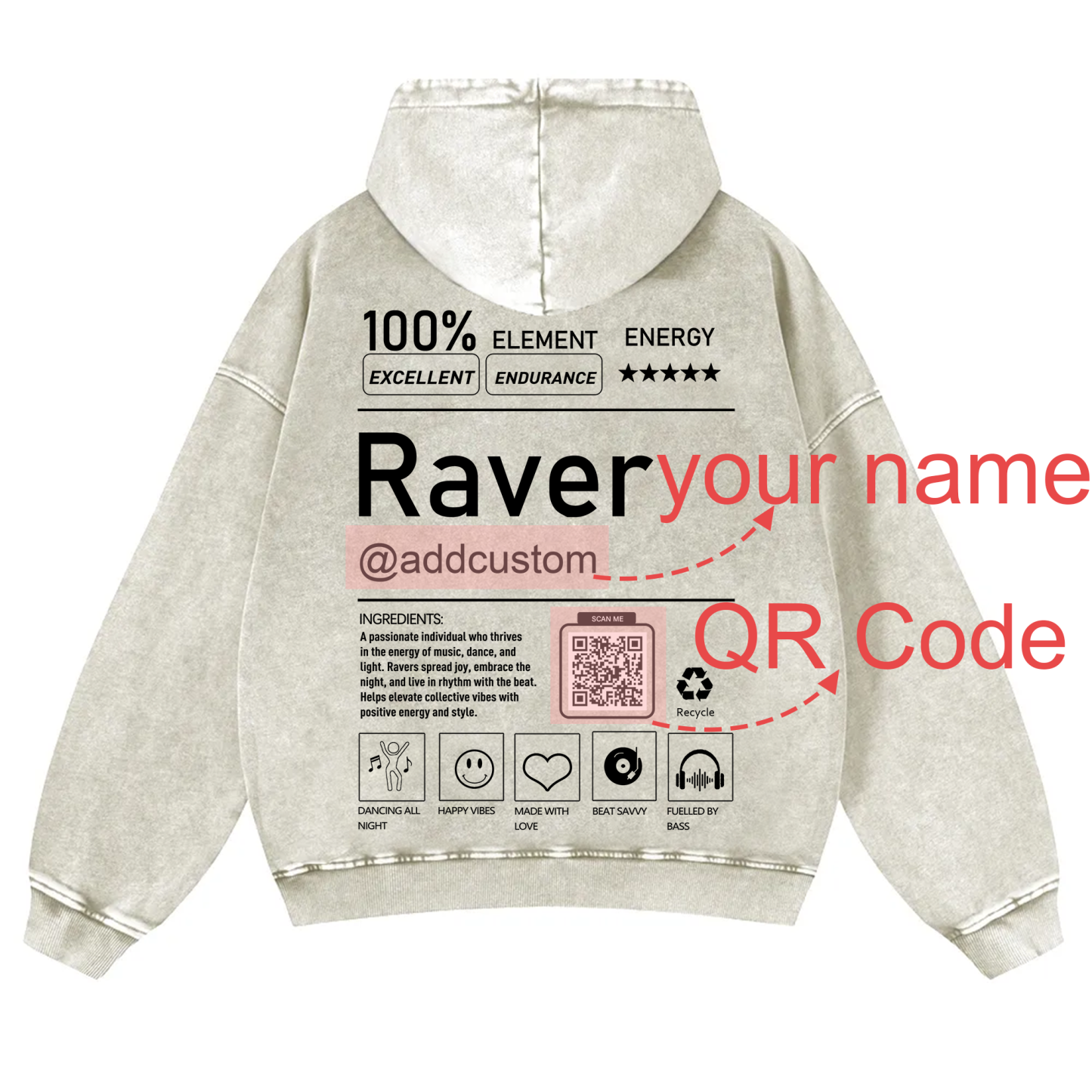 Addcustom QR Code Raver Casual Washed Hoodie wearishow