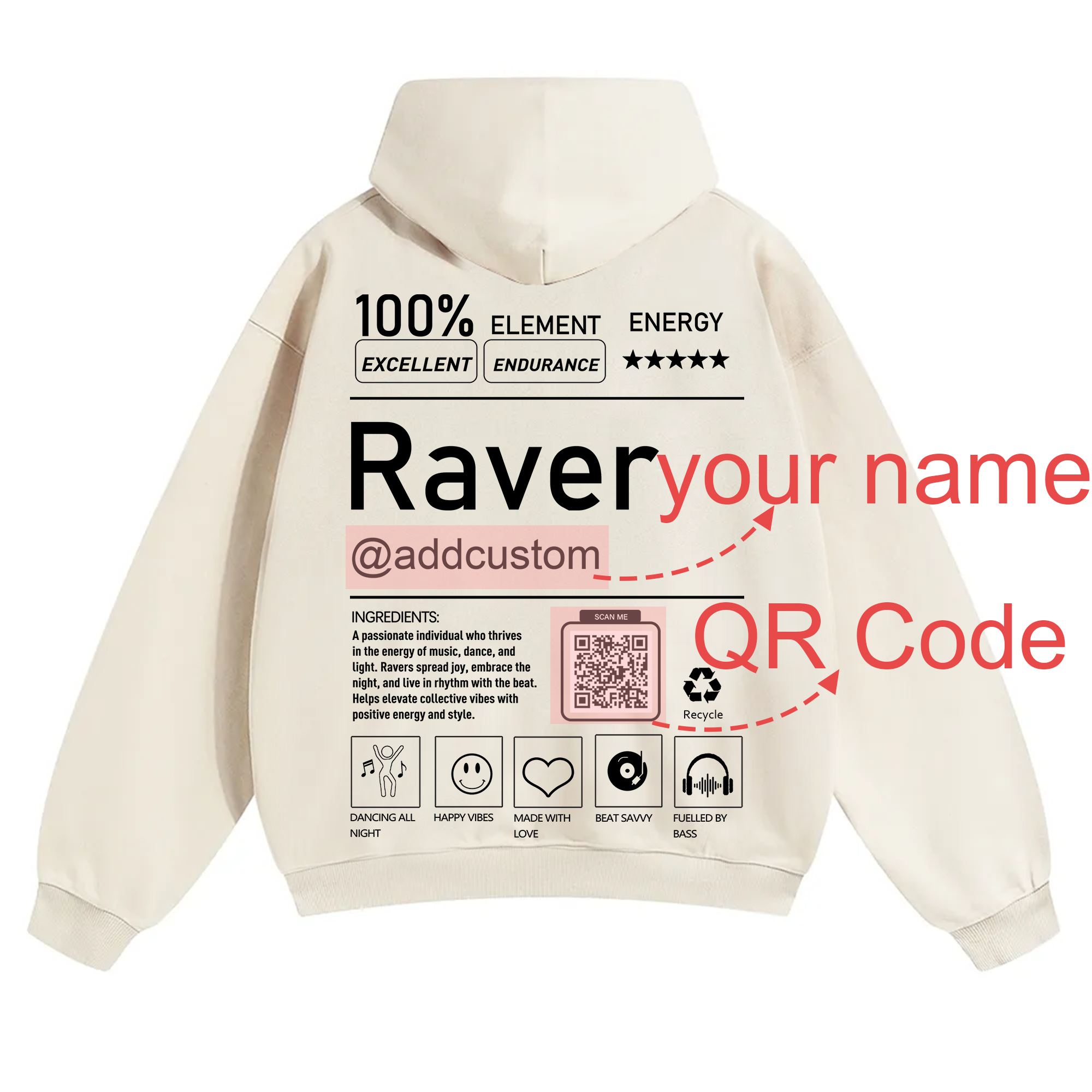 Addcustom QR Code Raver Solid Color Hoodie wearishow