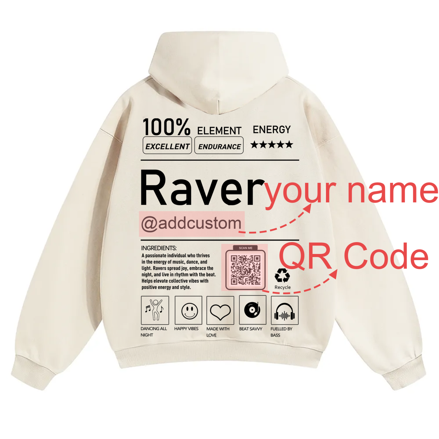 Addcustom QR Code Raver Solid Color Hoodie wearishow