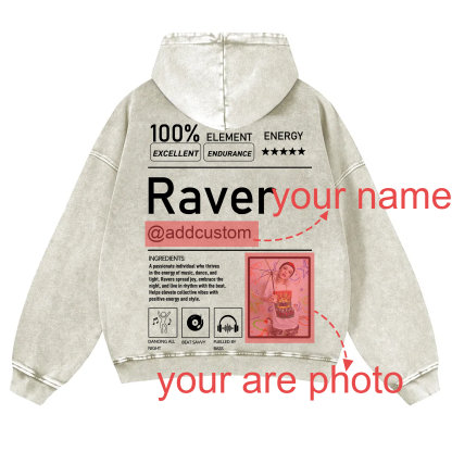 Addcustom  Photo Raver Casual Washed Hoodie wearishow