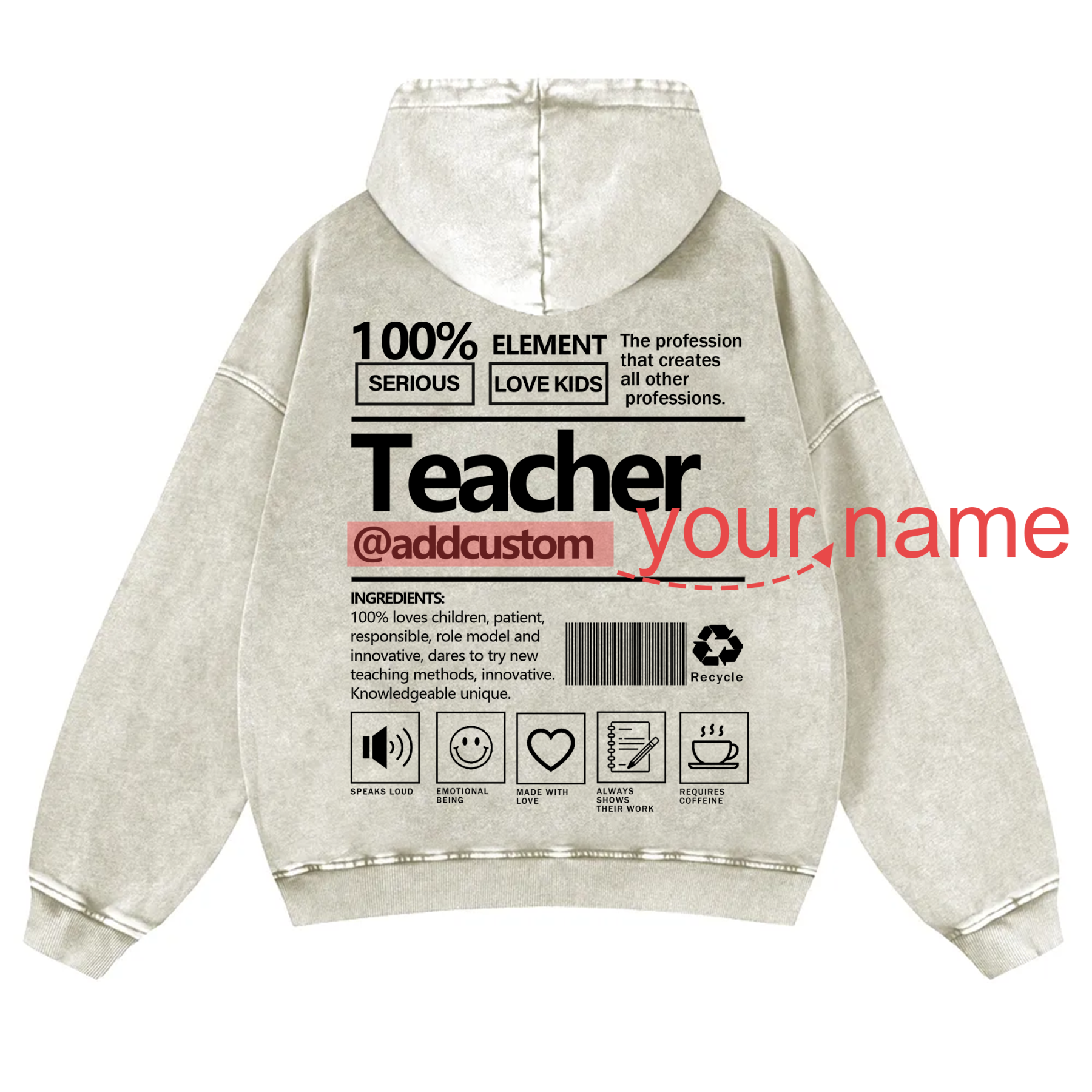 Teacher Addcustom Casual Washed Hoodie wearishow