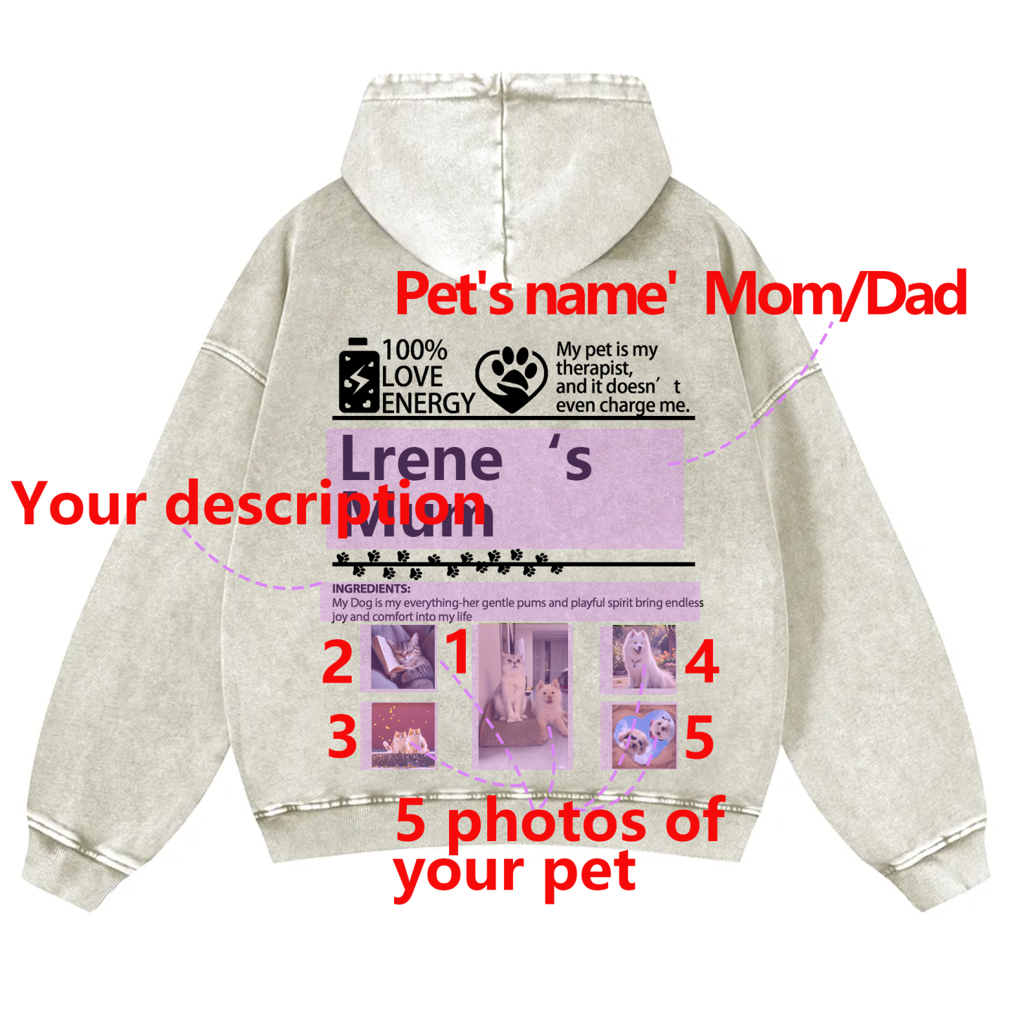 Pets Photos Creative Customized Unisex Washed Hoodie
