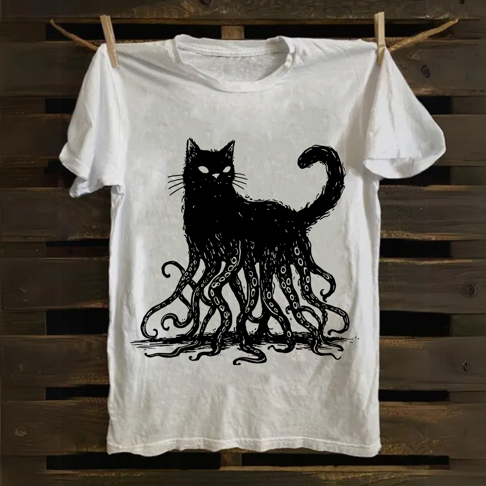 Unisex Vintage Octopus And Black Cat Print cotton T-Shirt