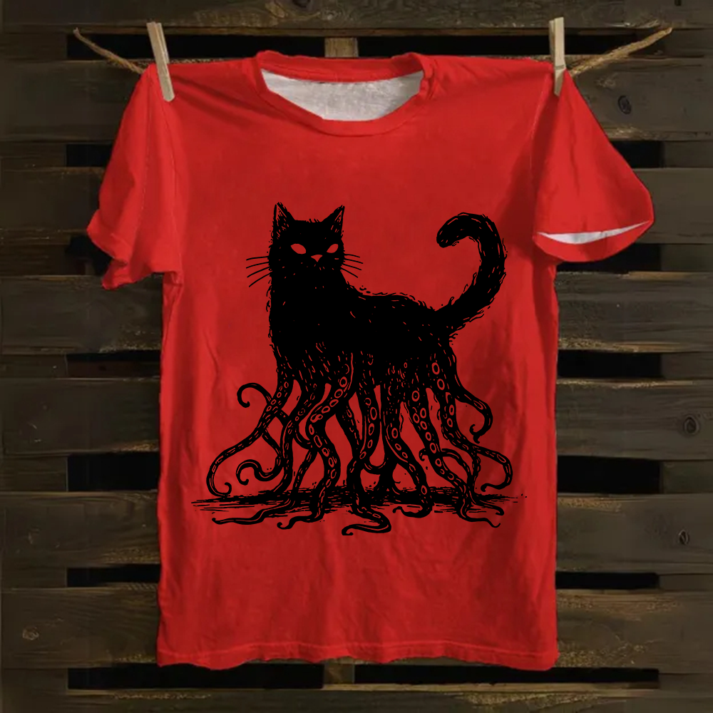 Unisex Vintage Octopus And Black Cat Print cotton T-Shirt