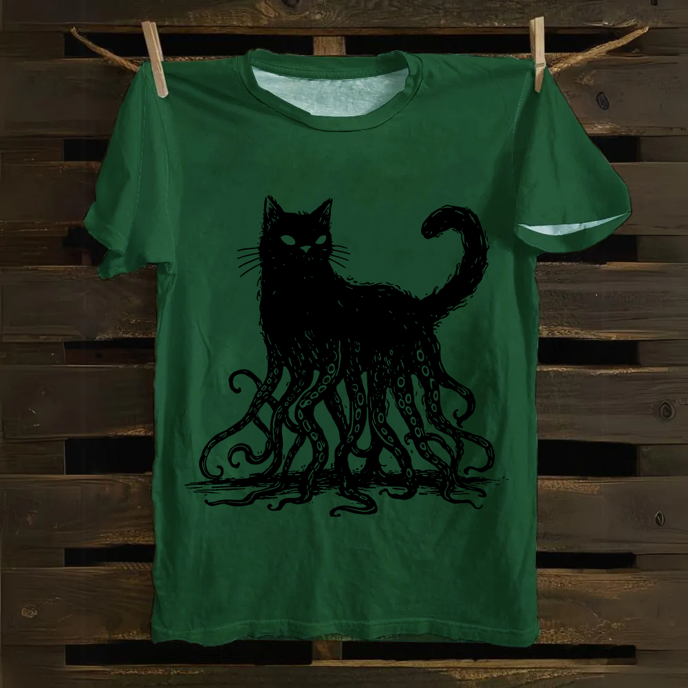 Unisex Vintage Octopus And Black Cat Print cotton T-Shirt