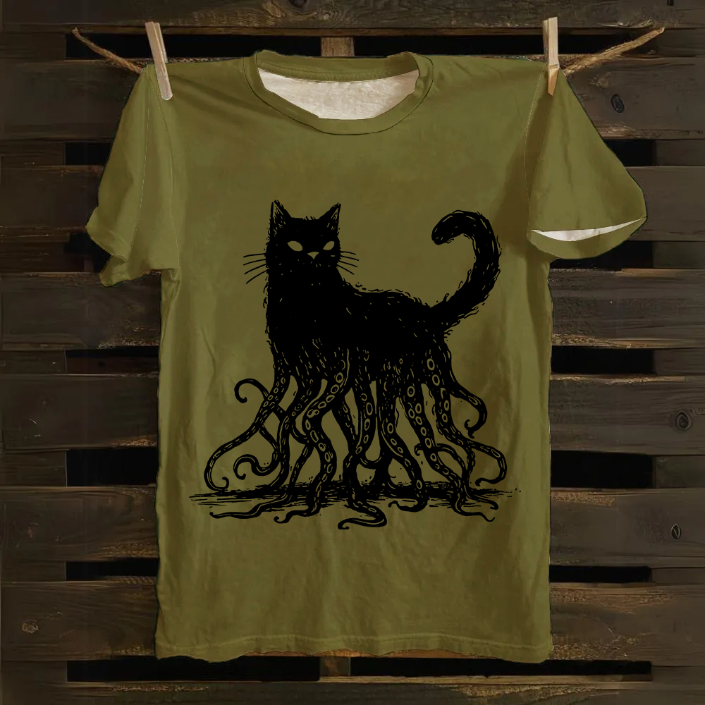 Unisex Vintage Octopus And Black Cat Print cotton T-Shirt