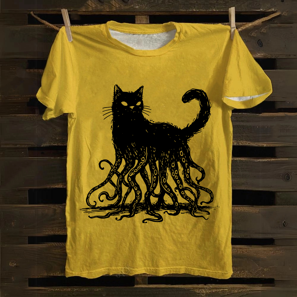 Unisex Vintage Octopus And Black Cat Print cotton T-Shirt