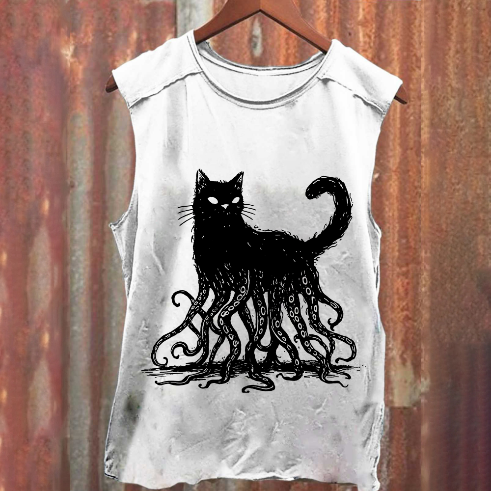 Unisex Vintage Washed Octopus And Black Cat Print Tank Top