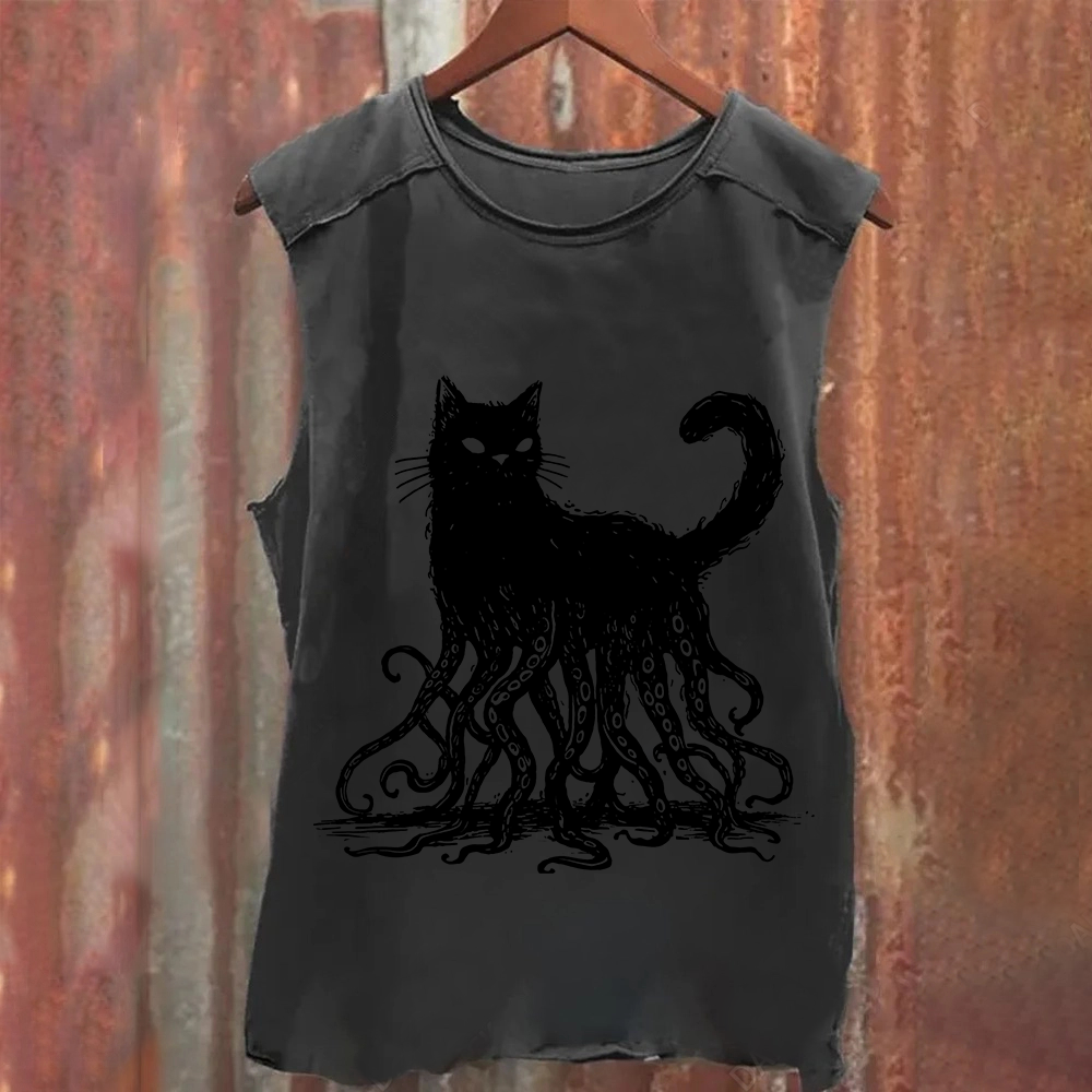 Unisex Vintage Washed Octopus And Black Cat Print Tank Top
