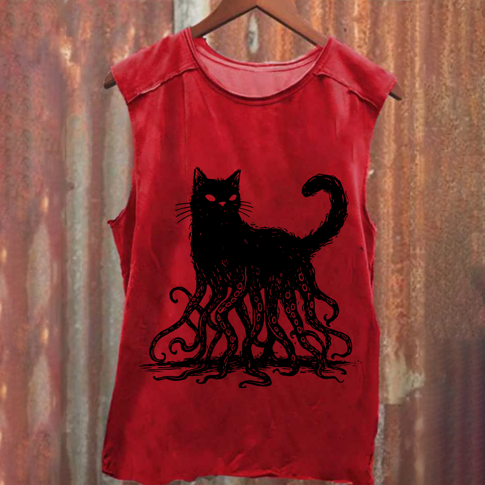 Unisex Vintage Washed Octopus And Black Cat Print Tank Top