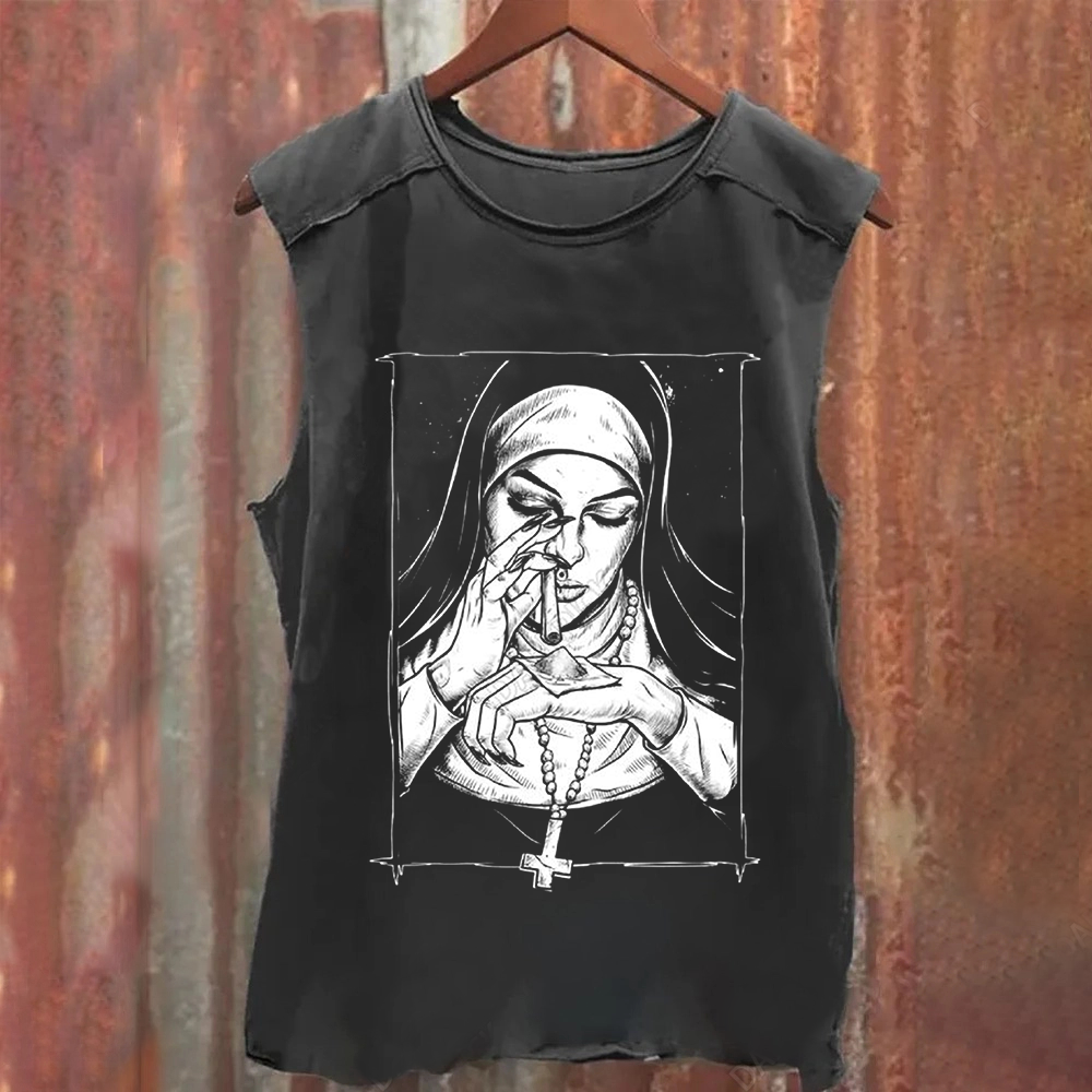 Unisex Vintage Washed  Evil Nun art Tank Top