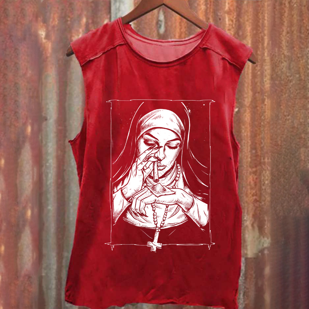 Unisex Vintage Washed  Evil Nun art Tank Top