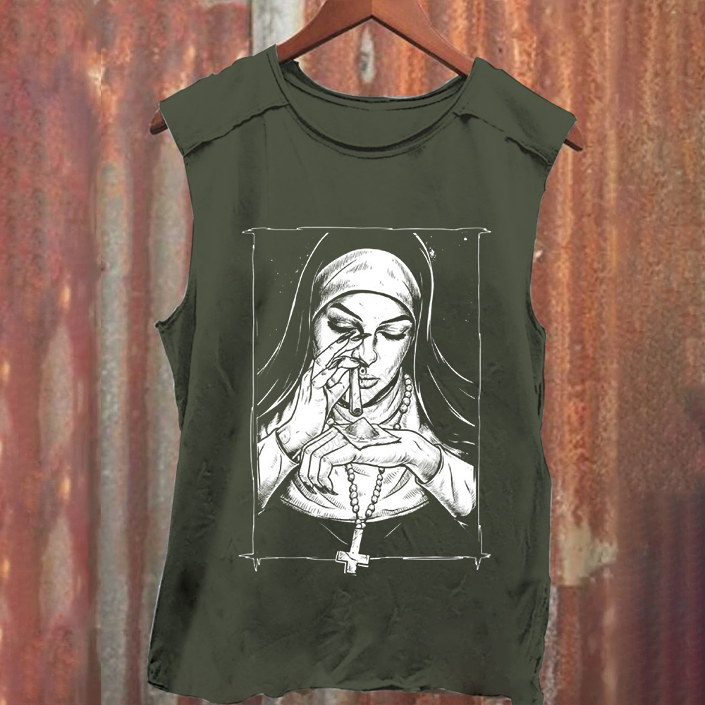 Unisex Vintage Washed  Evil Nun art Tank Top