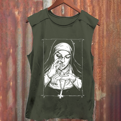 Unisex Vintage Washed  Evil Nun art Tank Top