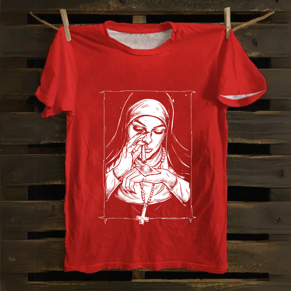 Unisex Vintage  Evil Nun art Cotton T-Shirt