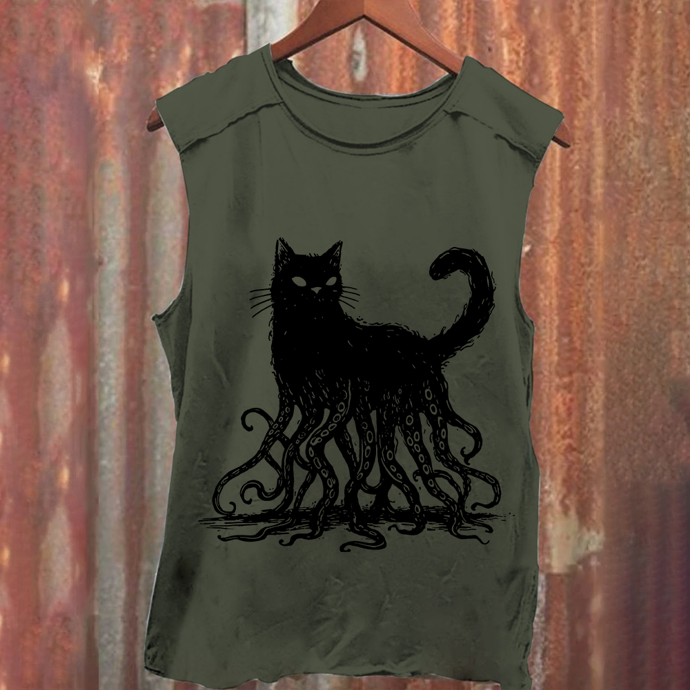 Unisex Vintage Washed Octopus And Black Cat Print Tank Top