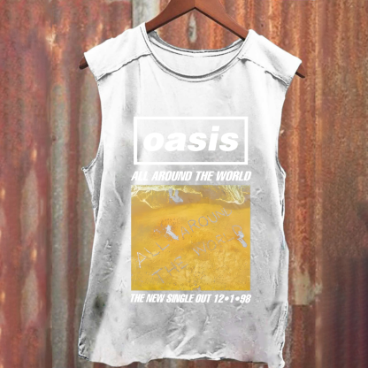 Unisex Vintage Washed Oasis Band All Around the World Tank Top