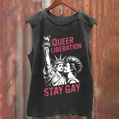 Unisex Vintage Washed Queer Liberation Stay Gay Tank Top