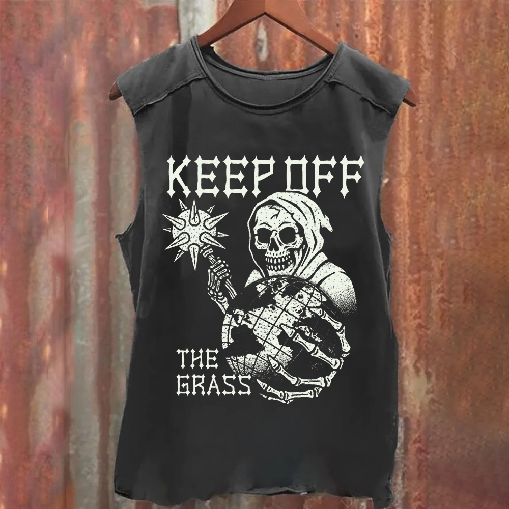 Unisex Vintage Washed Keep Off The Grass Skull Tank Top